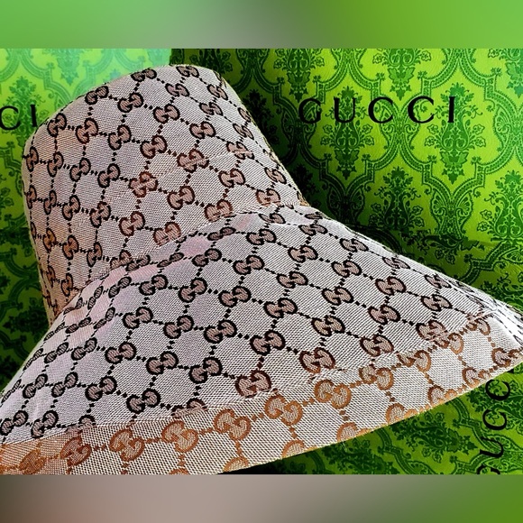 Gucci GG Bucket Hat Monogram Stiff Canvas Wide Large Brim Beige Tan Jacquard - Picture 4 of 16